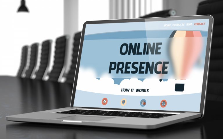 the phrase online presence on the laptop screen