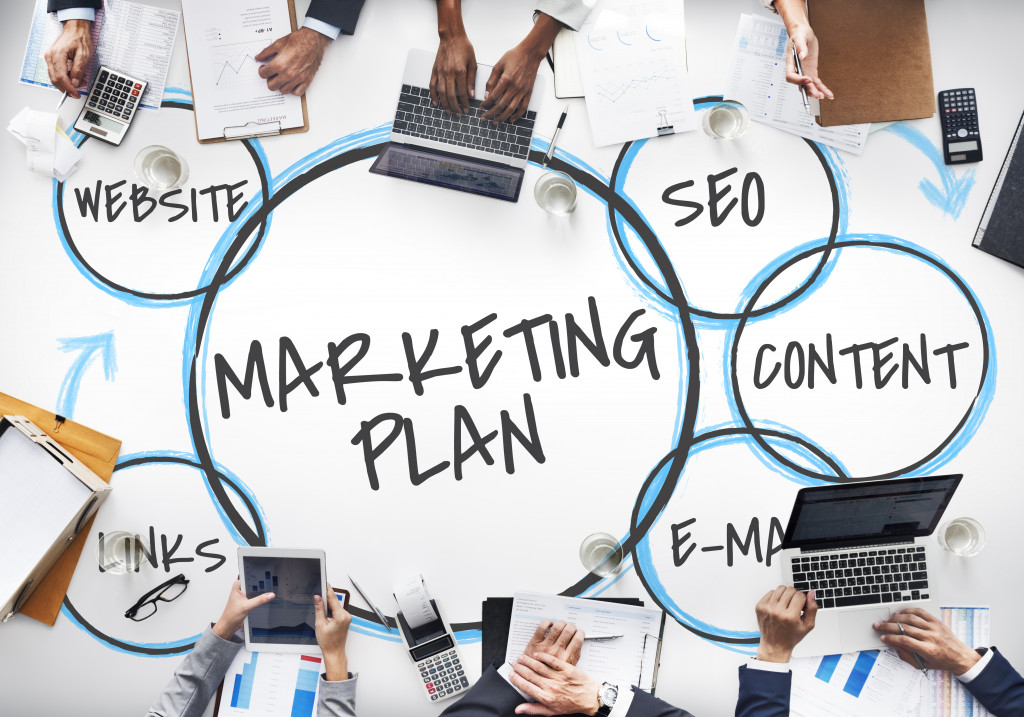 A marketing plan concept that includes links, e-mail, content, SEO, and website